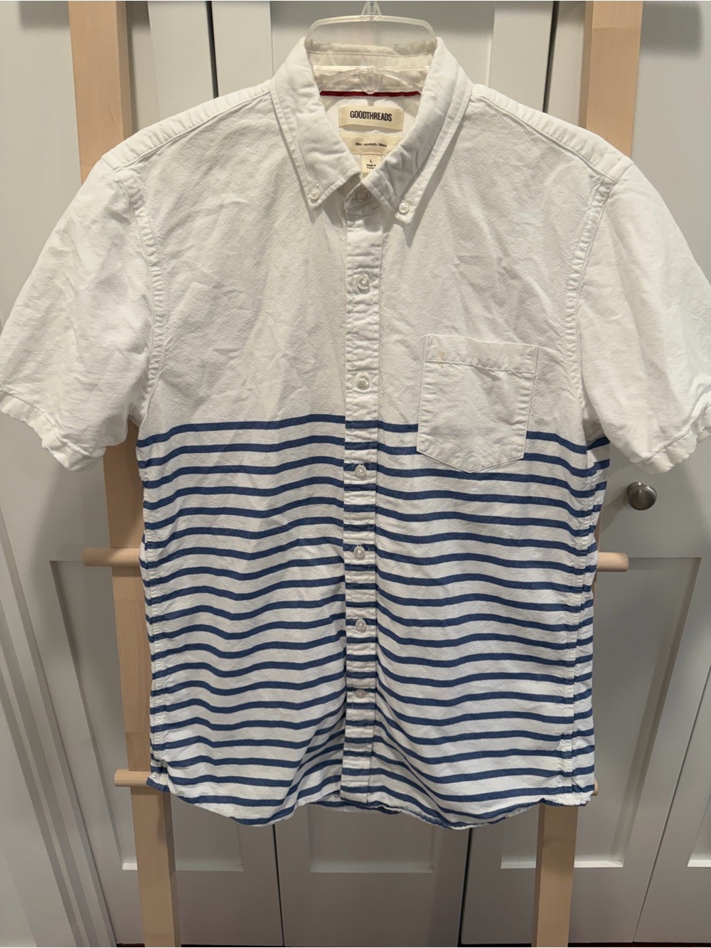 Goodthreads White Short-Sleeve Button-Down with Blue Stripes